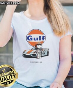 Cute Snoopy Gulf Porsche ladies tee featuring colorful graphics of Snoopy and Porsche logo on a stylish t-shirt.