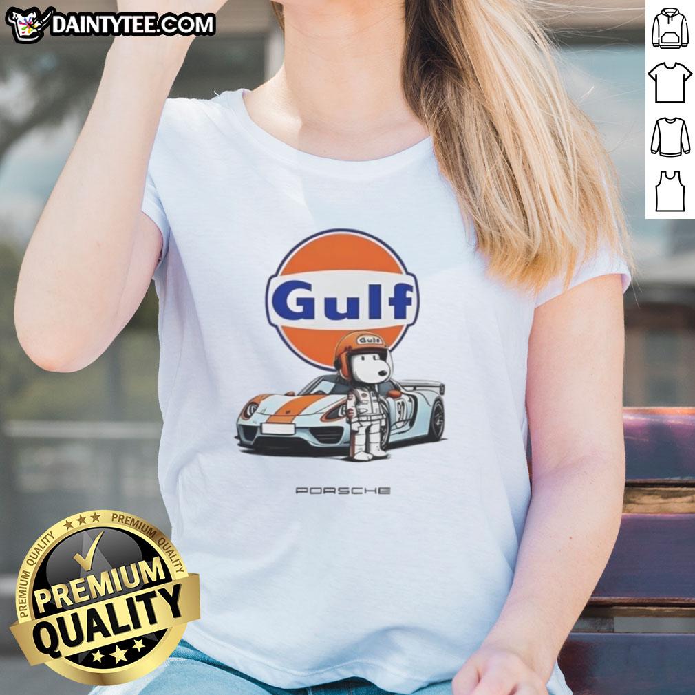 cute-snoopy-gulf-porsche-ladies-tee Cute Snoopy Gulf Porsche ladies tee featuring colorful graphics of Snoopy and Porsche logo on a stylish t-shirt.