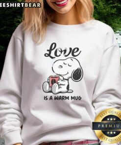 Cute Snoopy Love is a Warm Mug sweatshirt featuring Snoopy and hearts, perfect for cozy casual wear.