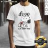 Cute Snoopy Love Is A Warm Mug T-Shirt featuring Snoopy holding a warm mug, perfect for Peanuts fans.