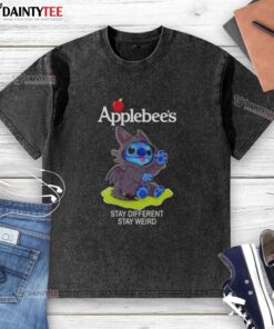 Alt Text: Cute Stitch cosplay Toothless t-shirt at Applebee's, featuring 'Stay Different Stay Weird' design for fans.