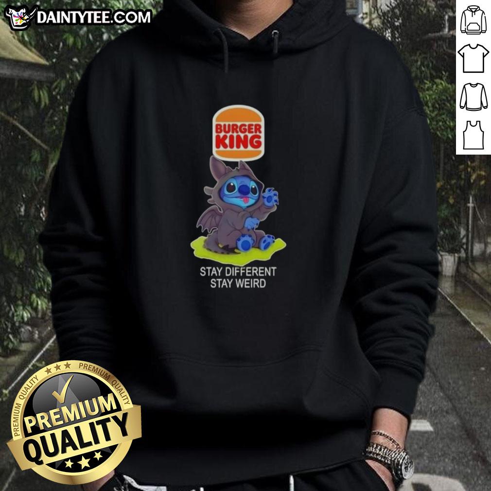cute-stitch-cosplay-toothless-x-burger-king-stay-different-stay-weird-hoodie Alt Text: Cute Stitch cosplay in a Toothless X Burger King hoodie, showcasing 'Stay Different Stay Weird' design.