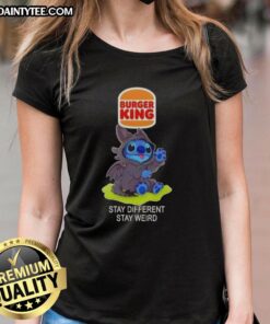 Alt Text: Cute Stitch cosplay with Toothless at Burger King, showcasing 'Stay Different, Stay Weird' ladies tee.