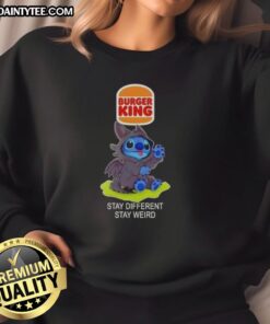 Alt Text: Cute Stitch cosplay wearing Toothless X Burger King sweatshirt - Stay Different Stay Weird fashion statement.