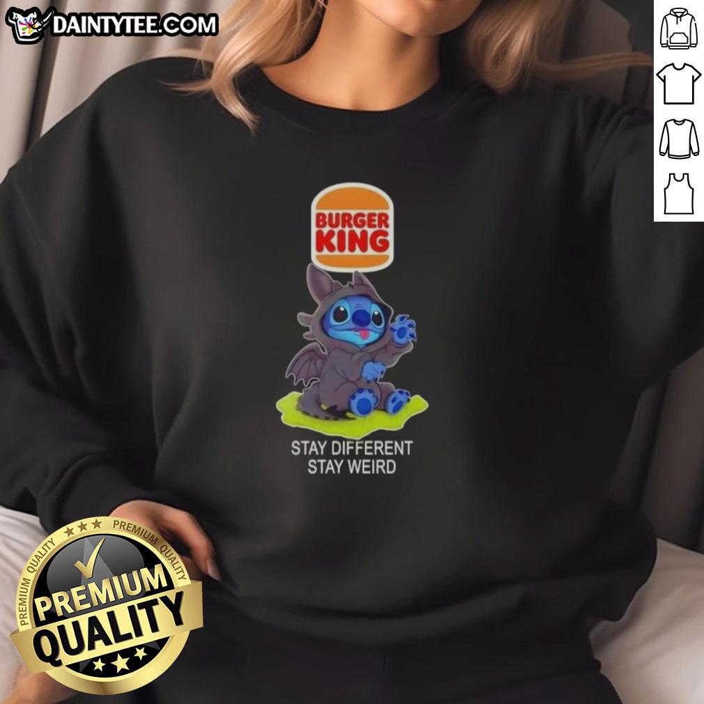 cute-stitch-cosplay-toothless-x-burger-king-stay-different-stay-weird-sweatshirt Alt Text: Cute Stitch cosplay wearing Toothless X Burger King sweatshirt - Stay Different Stay Weird fashion statement.