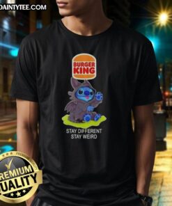 Alt Text: Cute Stitch cosplay featuring Toothless on a Burger King Stay Different Stay Weird T-shirt. Perfect for fans!