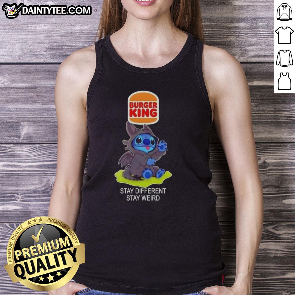 cute-stitch-cosplay-toothless-x-burger-king-stay-different-stay-weird-tank-top Cute Stitch cosplay wearing a Toothless-inspired Burger King tank top, promoting the Stay Different, Stay Weird message.