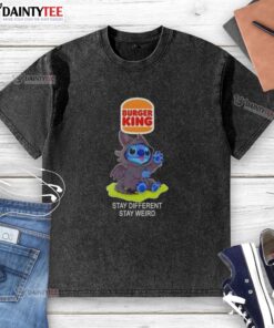 Alt Text: Cute Stitch cosplay wearing a Toothless X Burger King Stay Different Stay Weird washed t-shirt