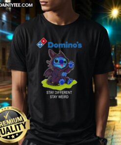 Alt Text: Cute Stitch cosplay wearing Toothless X Dominos Stay Different Stay Weird T-Shirt, showcasing playful fandom style.