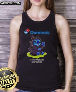 Alt Text: Cute Stitch cosplay tank top featuring Toothless and Domino's 'Stay Different Stay Weird' design.