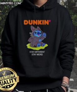 Alt Text: Cute Stitch cosplay wearing a 'Toothless X Dunkin' hoodie, featuring 'Stay Different, Stay Weird' slogan.