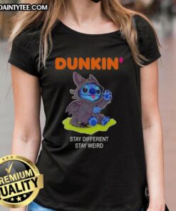 Cute Stitch cosplay with Toothless design on a Dunkin-inspired Stay Different, Stay Weird ladies tee. Perfect for fans!