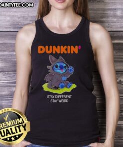 Alt Text: Cute Stitch cosplay wearing a Toothless tank top from Dunkin' with 'Stay Different Stay Weird' slogan.