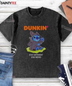 Alt Text: Cute Stitch cosplay wearing a Toothless X Dunkin Stay Different Stay Weird washed t-shirt, showcasing playful style.
