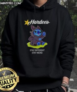 Alt Text: Cute Stitch cosplay wearing a Toothless x Hardee's Stay Different, Stay Weird hoodie, showcasing a fun and unique style.