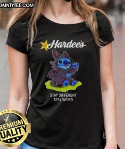Adorable Cute Stitch cosplay on a Toothless X Hardee's tee, celebrating the 'Stay Different, Stay Weird' theme.