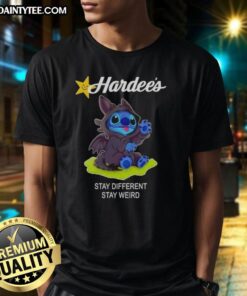 Alt Text: Cute Stitch cosplay in Toothless X Hardees Stay Different Stay Weird T-Shirt showcasing fun, quirky style.