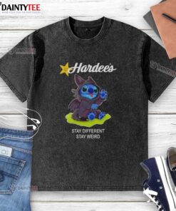 Cute Stitch cosplay wearing a Toothless X Hardee's Stay Different, Stay Weird washed t-shirt, showcasing a fun and quirky style.