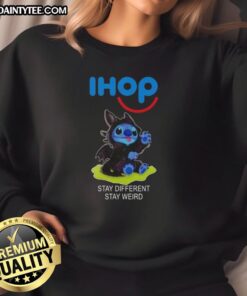 Alt Text: Cute Stitch cosplay with Toothless on a Stay Different Stay Weird sweatshirt, showcasing unique style and creativity.