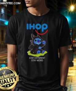 Cute Stitch cosplay featuring Toothless and 'Stay Different Stay Weird' T-shirt design for unique fashion fans.