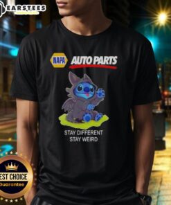 Alt Text: Cute Stitch cosplay Toothless on Napa Auto Parts 'Stay Different Stay Weird' T-shirt design.