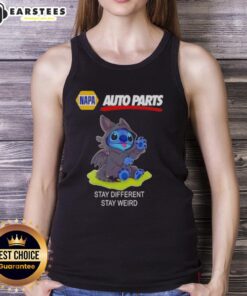 Adorable Stitch cosplay tank top featuring Toothless, Napa Auto Parts design, promoting 'Stay Different, Stay Weird' slogan.