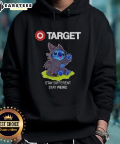 Adorable Stitch cosplay wearing a Toothless hoodie from Target, featuring 'Stay Different, Stay Weird' slogan.