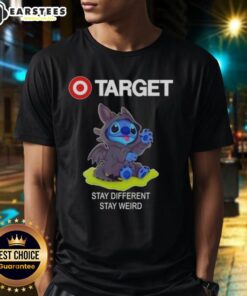 Alt Text: Cute Stitch cosplay wearing Toothless X Target Stay Different Stay Weird T-shirt, showcasing fun and unique style.