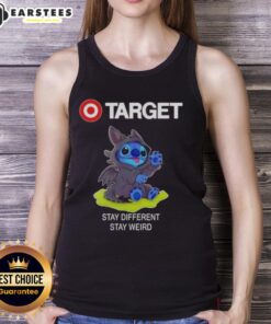 Adorable Stitch cosplay with Toothless design on a 'Stay Different, Stay Weird' tank top perfect for fans and collectors.