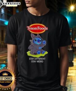 Alt Text: Cute Stitch cosplay featuring Toothless on a Tyson Foods Stay Different Stay Weird T-Shirt for unique style.
