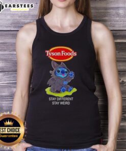Cute Stitch cosplay in a Toothless X Tyson Foods tank top, promoting 'Stay Different, Stay Weird' slogan.