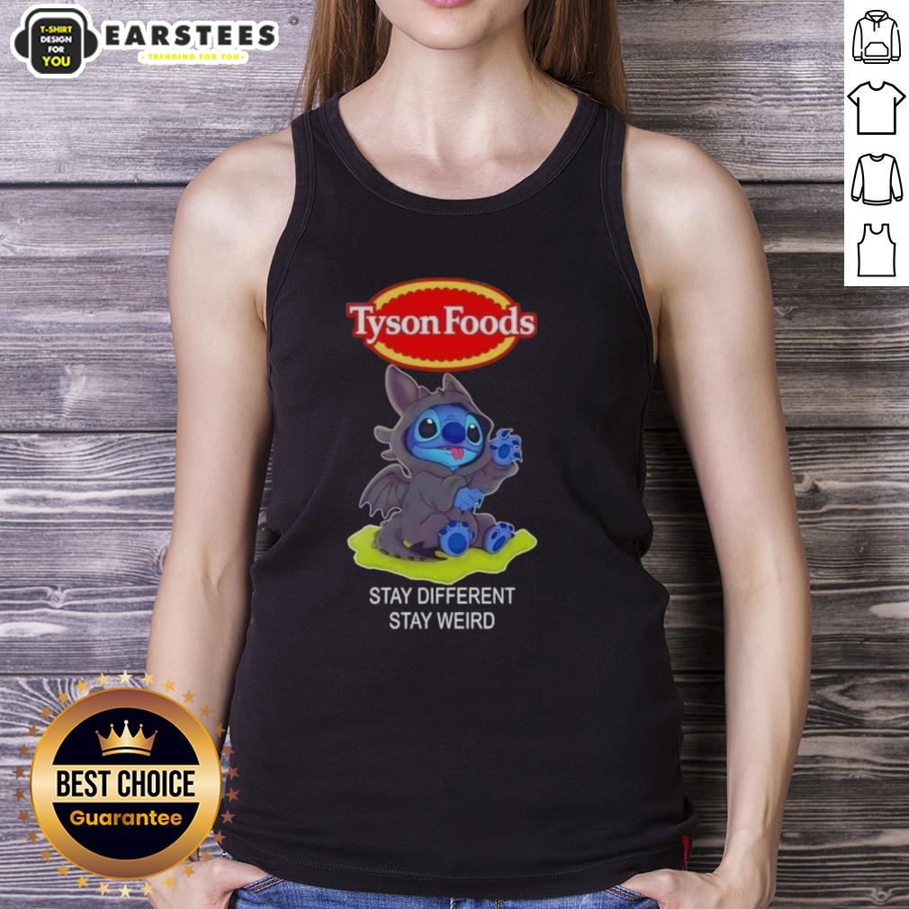 cute-stitch-cosplay-toothless-x-tyson-foods-stay-different-stay-weird-tank-top Cute Stitch cosplay in a Toothless X Tyson Foods tank top, promoting 'Stay Different, Stay Weird' slogan.