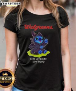 Alt Text: Cute Stitch cosplay in Toothless X Walgreens tee, showcasing 'Stay Different, Stay Weird' design for ladies.