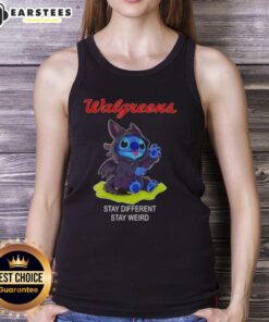 Cute Stitch cosplay wearing a Toothless tank top from Walgreens, promoting 'Stay Different, Stay Weird' style.