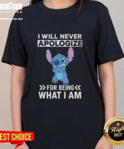Cute Stitch 'I Will Never Apologize for Being What I Am' ladies tee featuring vibrant colors and playful design.