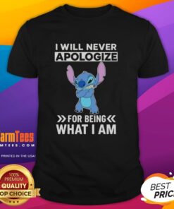 Alt Text: Cute Stitch I Will Never Apologize For Being What I Am T-Shirt featuring vibrant colors and playful design.