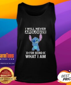 Cute Stitch tank top featuring the quote I will never apologize for being what I am in vibrant colors. Perfect for Disney fans!