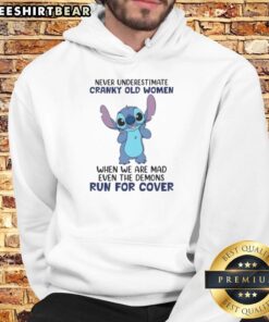 Cute Stitch hoodie featuring 'Never Underestimate Cranky Old Women' design, perfect for showcasing fierce style.