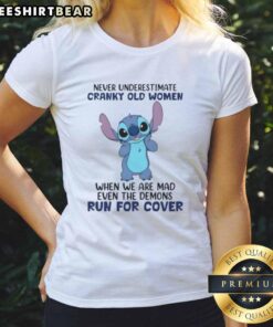 Cute Stitch t-shirt design: 'Never underestimate cranky old women, even demons run for cover' - humorous ladies tee.
