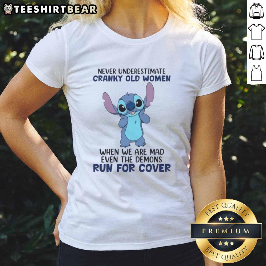 cute-stitch-never-underestimate-cranky-old-women-when-we-are-mad-even-the-demons-run-for-cover-ladies-tee Cute Stitch t-shirt design: 'Never underestimate cranky old women, even demons run for cover' - humorous ladies tee.
