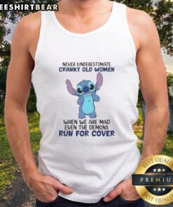 Alt Text: Cute Stitch tank top featuring the phrase Never underestimate cranky old women with a playful design.
