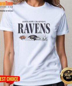 Alt Text: Stylish Baltimore Ravens Super Bowl Champions XLVII ladies tee, featuring team logo and vibrant colors for fans.