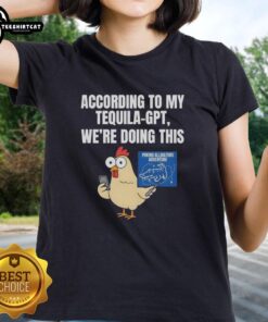 Funny 'According To My Tequila' graphic on a women's tee featuring a humorous alligator poking adventure design.