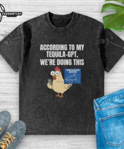 Funny 'According to My Tequila' adventure t-shirt featuring a whimsical alligator poking design for playful vibes.