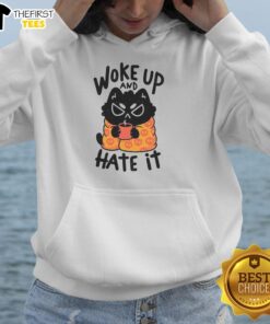 Funny cat woke up and hates it hoodie design featuring a grumpy cat with a humorous expression and vibrant colors.