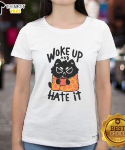 Funny cat waking up with a grumpy expression on a ladies tee, perfect for cat lovers who relate to mornings.
