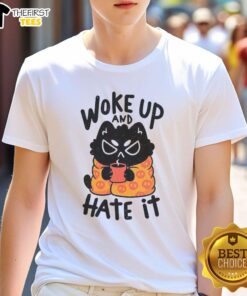 Funny Cat Woke Up And Hate It T-Shirt featuring a grumpy cat graphic, perfect for cat lovers and humor enthusiasts.