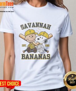 Alt Text: Funny Charlie Brown and Snoopy in Savannah Bananas outfit, celebrating their 2016 style on a ladies tee.