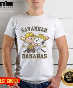 Alt Text: Funny Charlie Brown and Snoopy in Savannah Bananas outfit, celebrating Est 2016 on a vibrant t-shirt design.