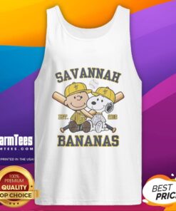 Funny Charlie Brown and Snoopy in Savannah Bananas outfit, wearing tank tops, celebrating the team's Est. 2016 spirit.